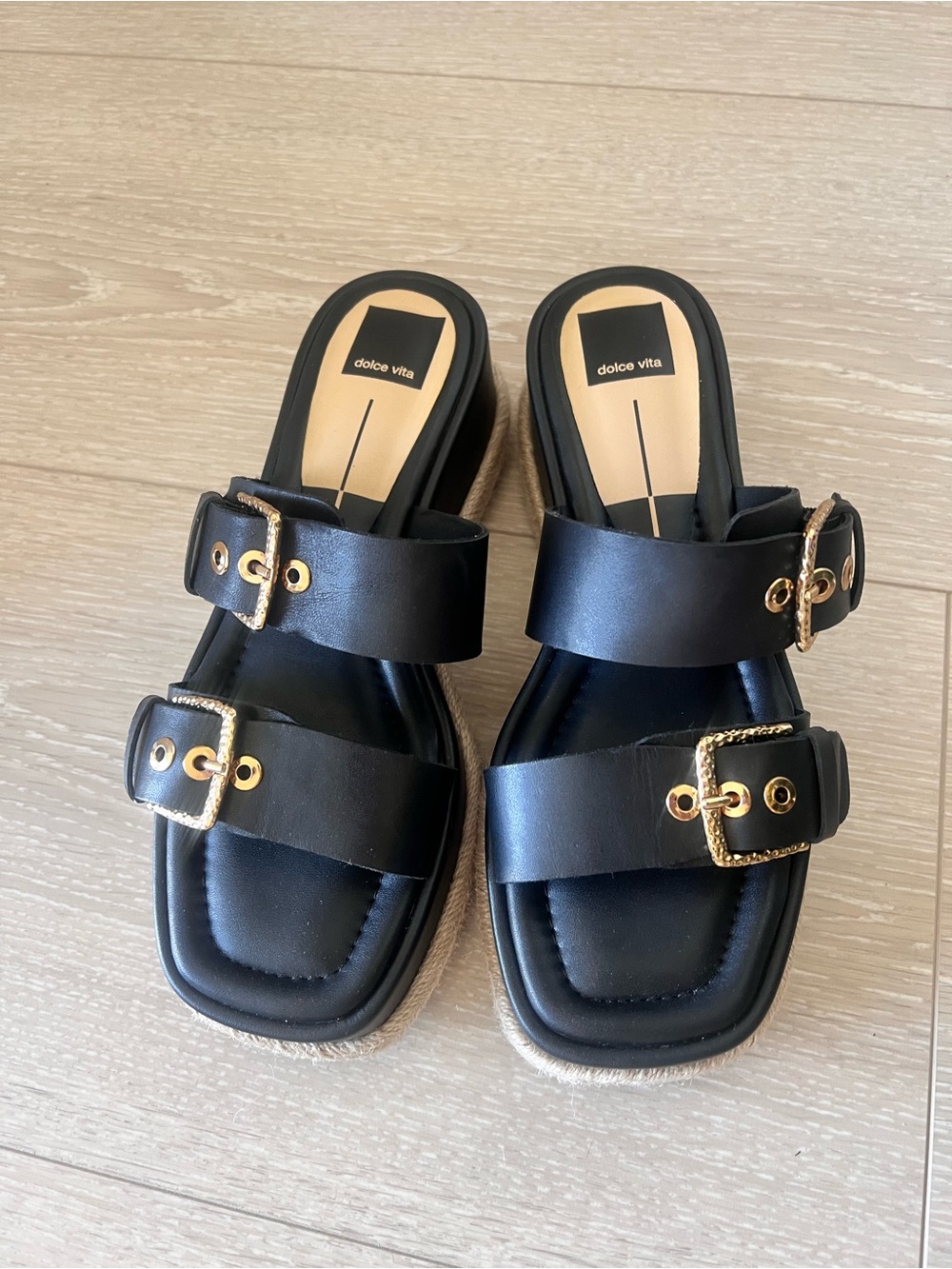 Dolce Vita Black Leather Double-Buckle Slide Sandals - NEW - Size 8